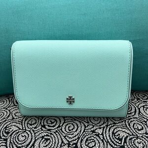 Tory Burch-NWT Women's Emerson Saffiano Leather Chain Wallet Crossbody Bag-Aqua